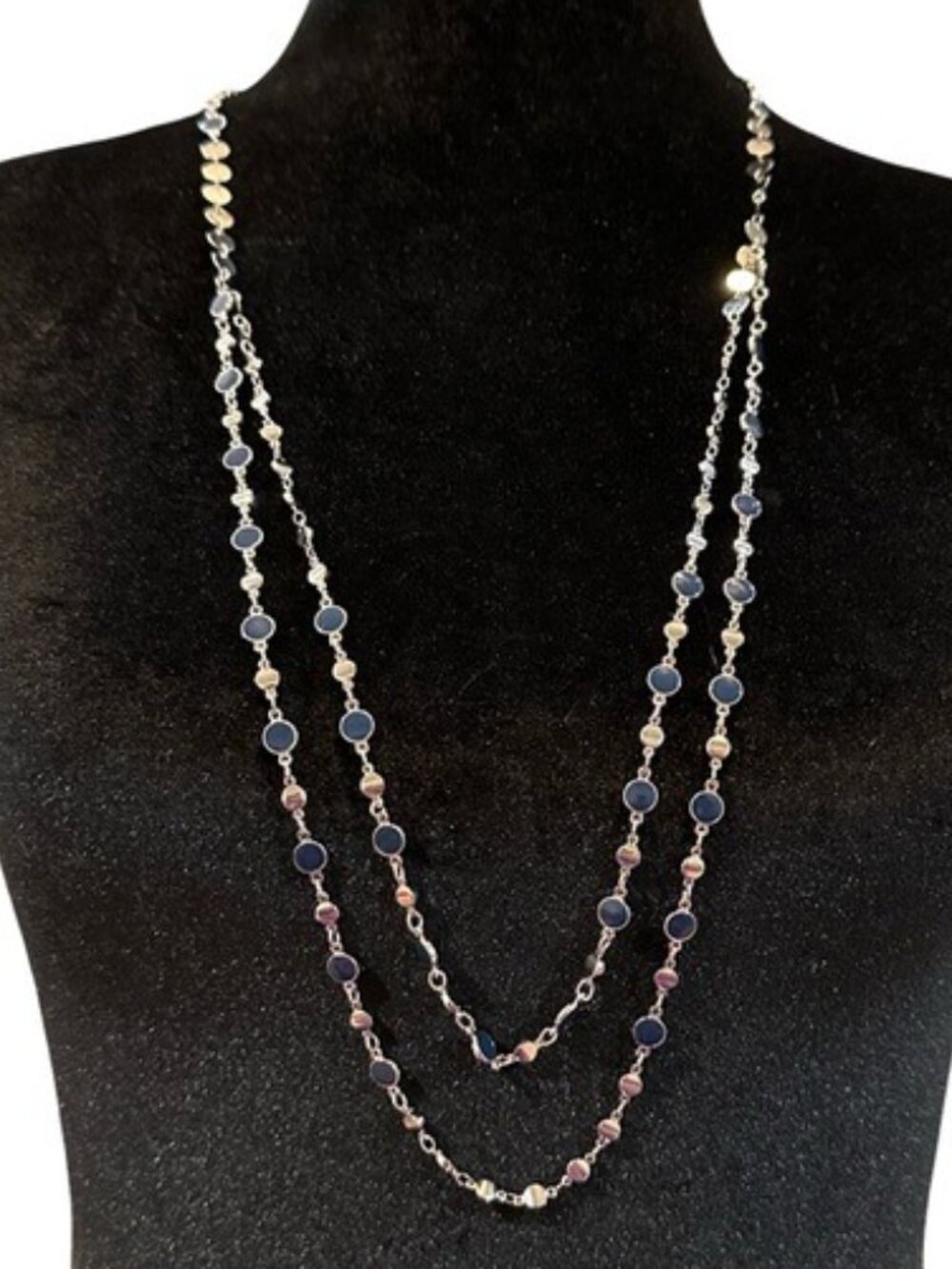 Bancroft Layered Necklace Silver Tone Navy Blue Enamel 33 - 36 Inch Womens New